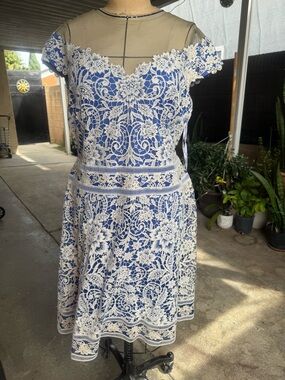 Tadashi Shoji Blue Dress with White Floral Lace Overlay